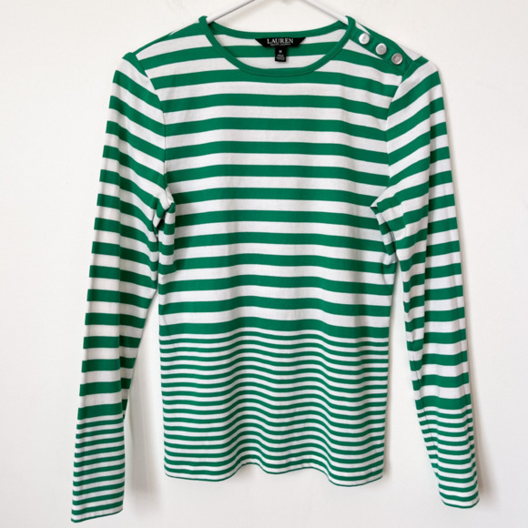 Lauren Ralph Lauren Black Label Striped Kelly Green Long Sleeve Top Women Medium - Picture 2 of 11